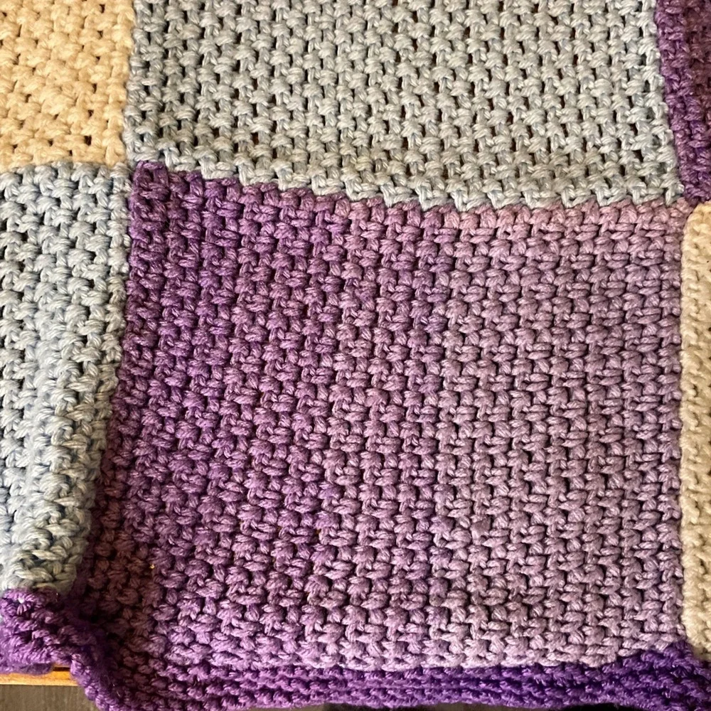 Handmade Patchwork Crochet Blanket Cozy Throw Purple‎ Tan Gray Baby Toddler